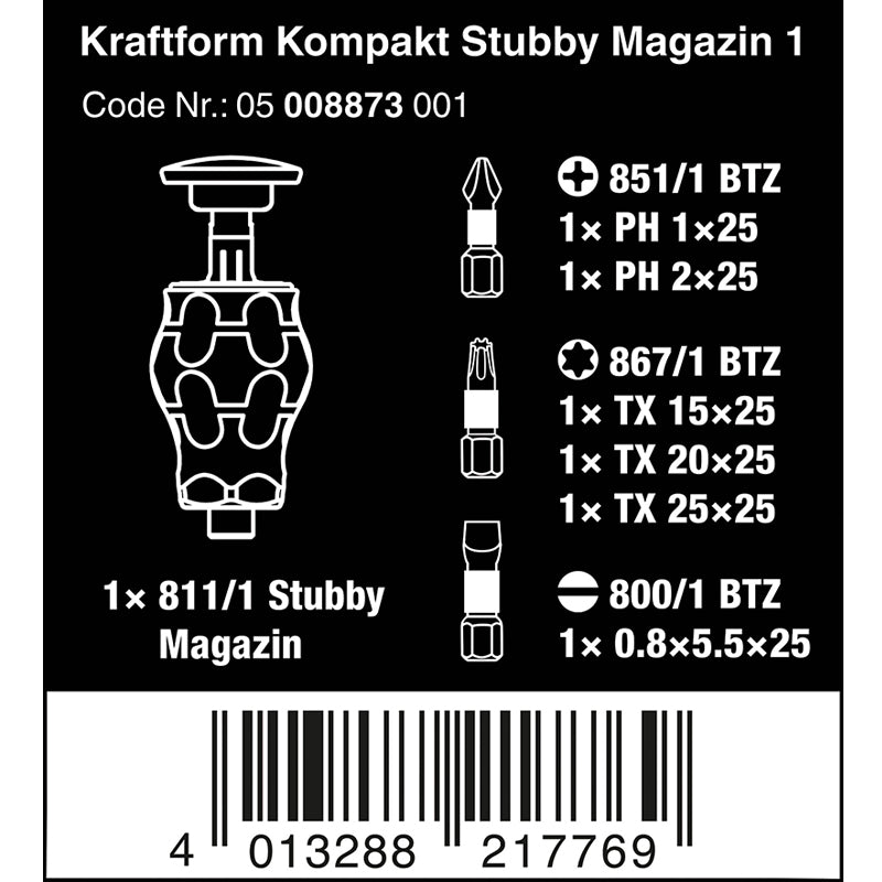 Wera 05008873001 Kraftform Kompakt Stubby 1 with PH/TX/SL Bit Storage Stubby Magazine Bit Holder