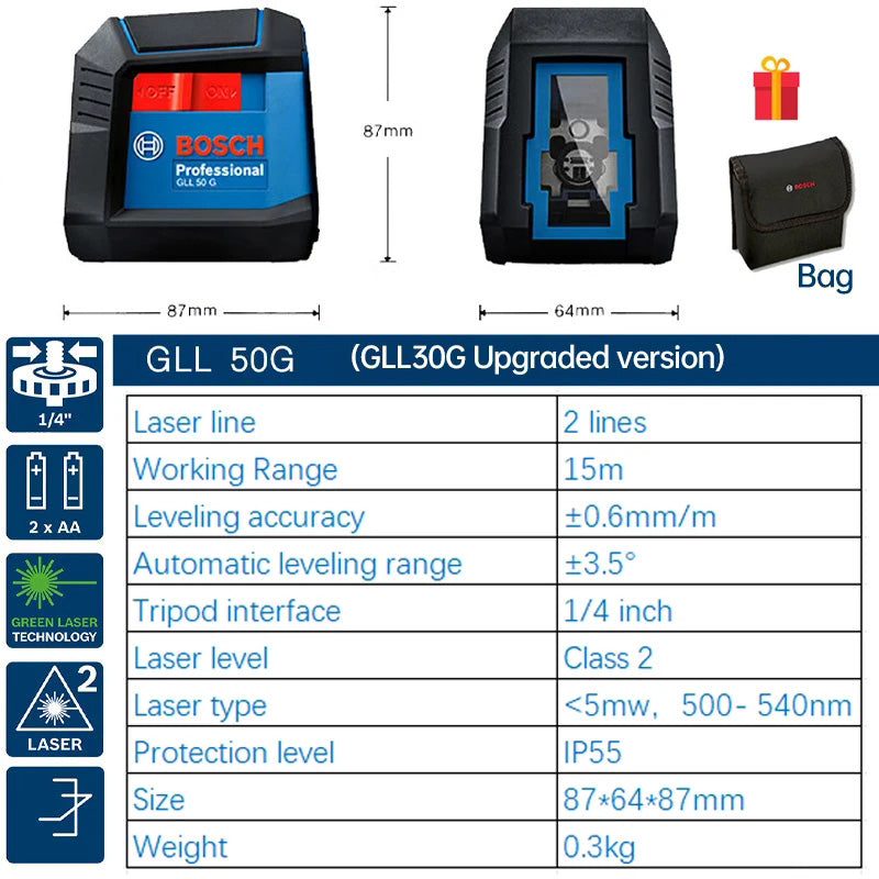 BOSCH GLL50G Green Laser Level 2line 15m Max 1/4in IP55 Small & Compact Portable Marking Instrument Bare Tool
