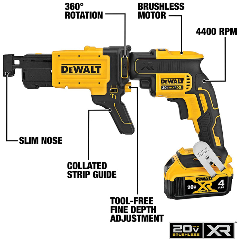 DEWALT XR Drywall Screw Gun With Collated Attachment DCF620 DCF6202 Brushless 360 Degree Rotation Nail Gun Bare Tool