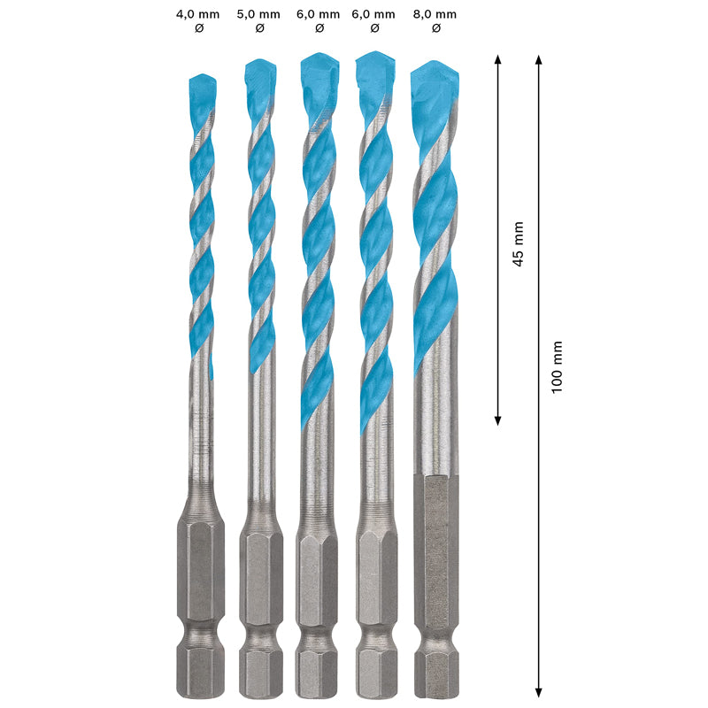 Bosch 2608900585 Hexagon Shank Drill Bit 4/5/6/6/8mm 5Pcs Tile Wood/Glass/Ceramic/Cement /Alloy Punching Triangle Drill Bits