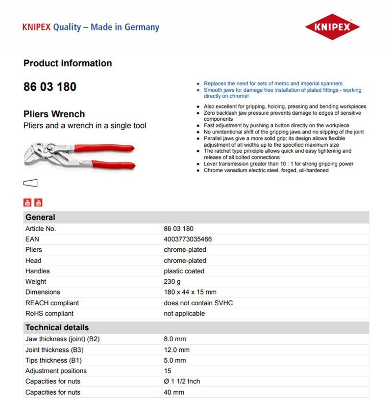 KNIPEX 86 03 180 Pliers Wrench Chrome Plated