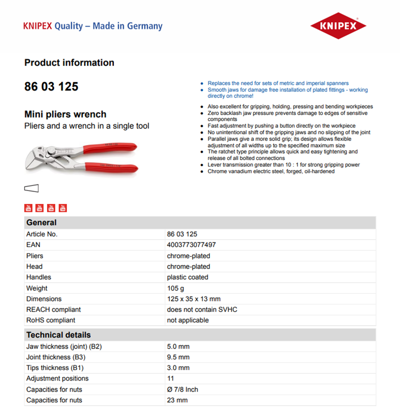 KNIPEX 86 03 125 5-Polegada Mini Alicate Chave Agarrando Segurando Pressionando Aplicações de Dobra Alicate de Tubulação de Água de Alta Dureza