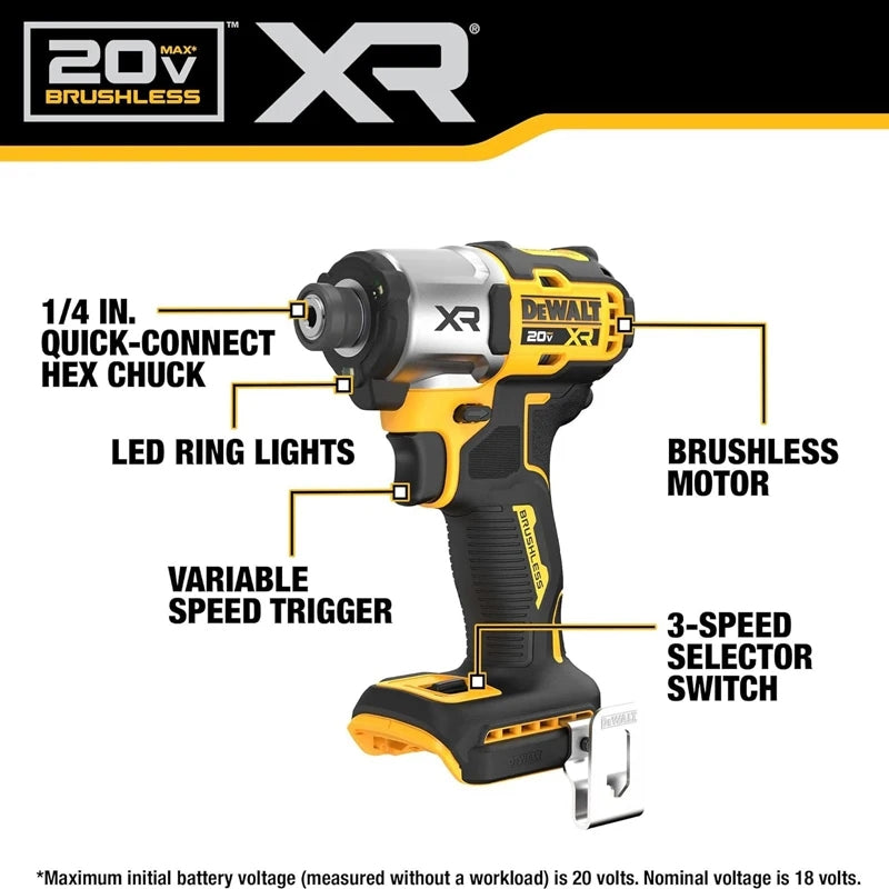 DEWALT DCF845 Impact Driver 20V XR 3-Speed 1/4in Cordless Brushless 1825 in-lbs Large Diameter Screw Electric Wrench Bare Tool