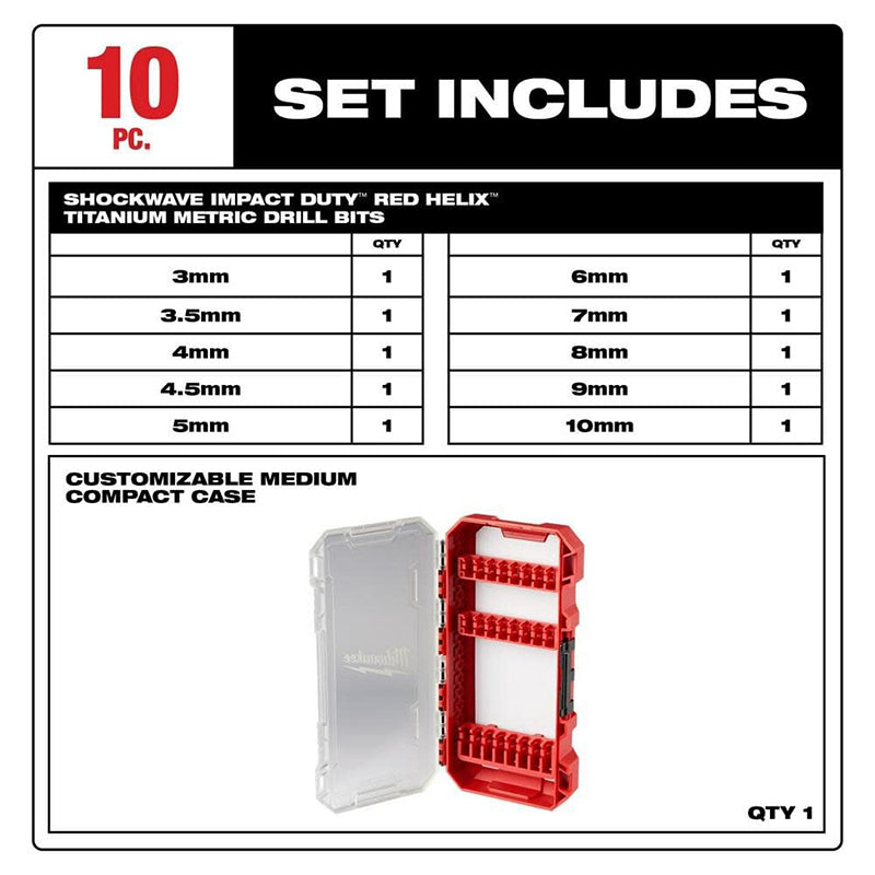 Milwaukee 48-89-4859 10-Piece Metric Titanium SHOCKWAVE Red Helix Drill Bit Kit