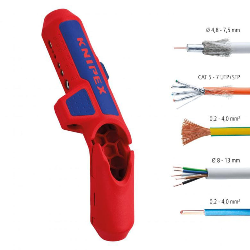 KNIPEX 16 95 01 SB Universal Stripping Tool Ergostrip Metric Sizes Right Handed Version 3 IN 1 Wire Stripping Tool Curved Handle
