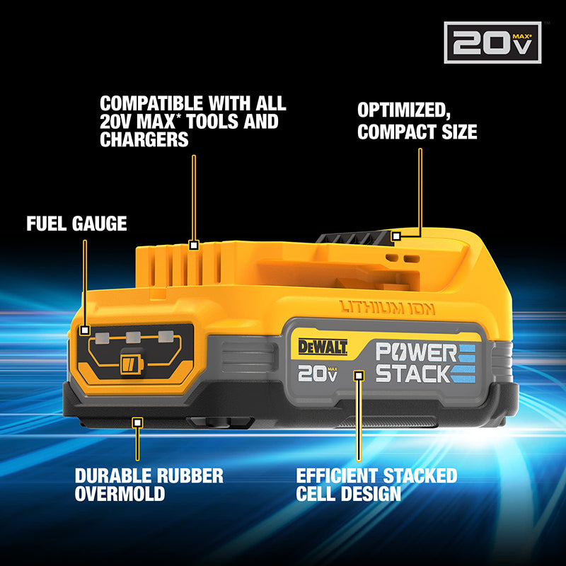 DEWALT DCBP034 POWERSTACK Lithium Battery 20V MAX Compact 1.7 Ah Resist Overmolded Base Blade Battery