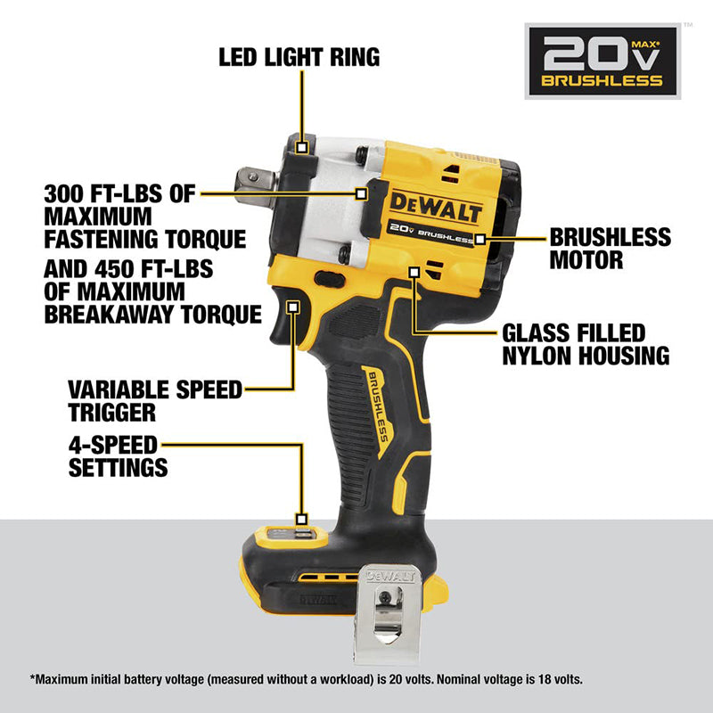 DEWALT DCF922 ATOMIC 20V MAX 1/2 pol. Chave de impacto sem fio, velocidade variável, chave elétrica com pino de retenção, ferramenta nua