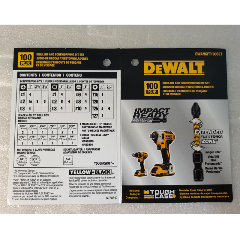 DEWALT DWANGFT100SET FlexTorq Bit Set 100pc ToughCase+ System High-End Batch Woodworking Drill Bits Storage Set
