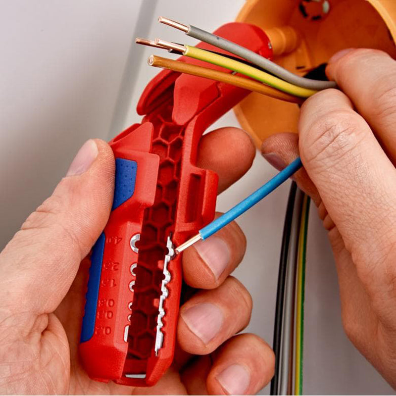 KNIPEX 16 95 01 SB Universal Stripping Tool Ergostrip Metric Sizes Right Handed Version 3 IN 1 Wire Stripping Tool Curved Handle