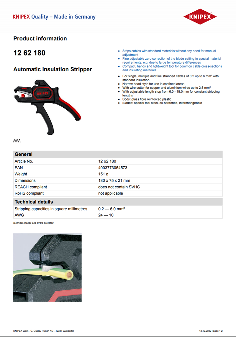 KNIPEX 12 62 180 Automatic Insulation Stripper Lightweight Convenient Wire Stripping