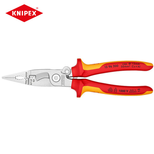 KNIPEX 13 96 200 Alicate para instalação elétrica testado VDE com mola de abertura Alicate isolado Corte e decapagem