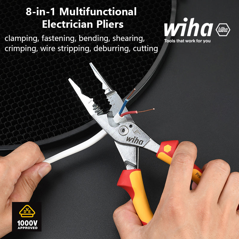 Wiha 45489 8-in-1 Multifunctional Electrician Pliers Insulated 1000V VDE Sharp Mouthed Wire Stripping Crimping Plier 45705