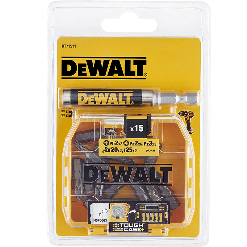 DEWALT DT71511 25MM Drill Bits PH2 PZ2 PZ3 T20 T25 X15 DW2054 Black Telescopic Rod Socket With Yellow Tough Case Sets