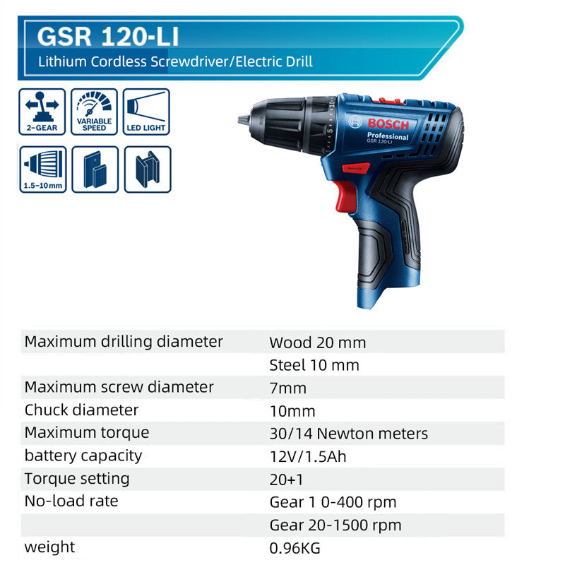 Bosch Electric Drill GSR 120-LI 12V Rechargeable Cordless Multi-function Home DIY Screwdriver Power Tool Sets