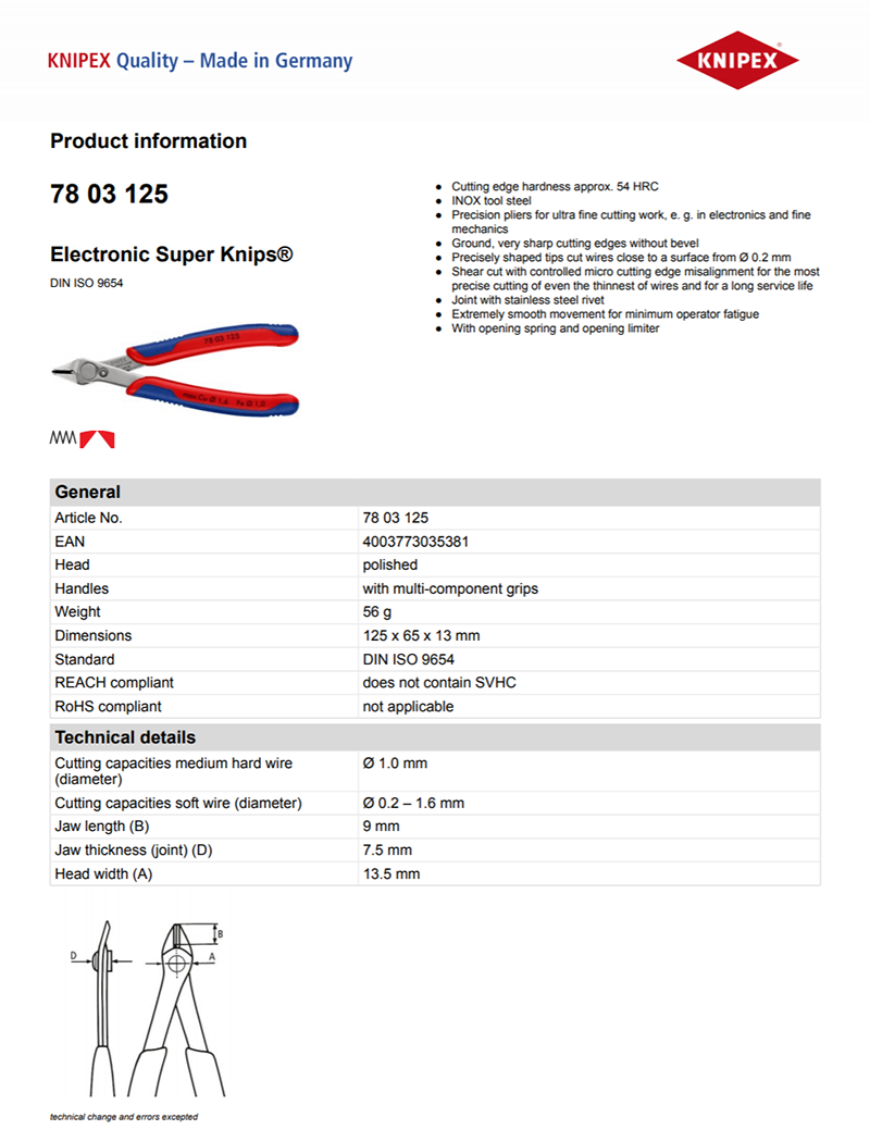 KNIPEX 78 03 125 Electronic Super Knips Precision Pliers 5''